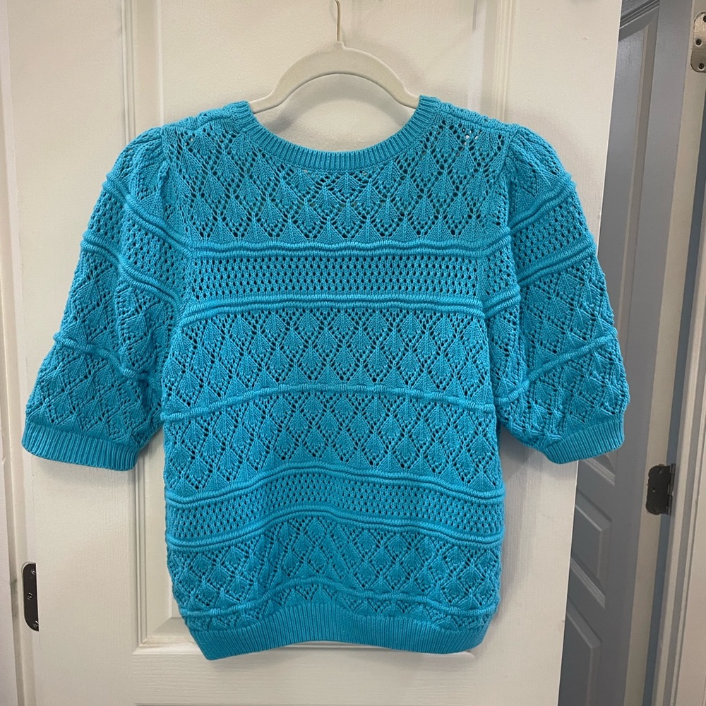 Turquoise knit blue sweater short sleeve - Picture 3 of 3